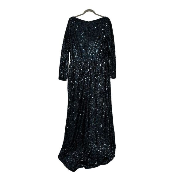 Mac Duggal 26445 Blue Long Sleeve Sequined Evening Gown | Size 14 - Picture 3 of 14